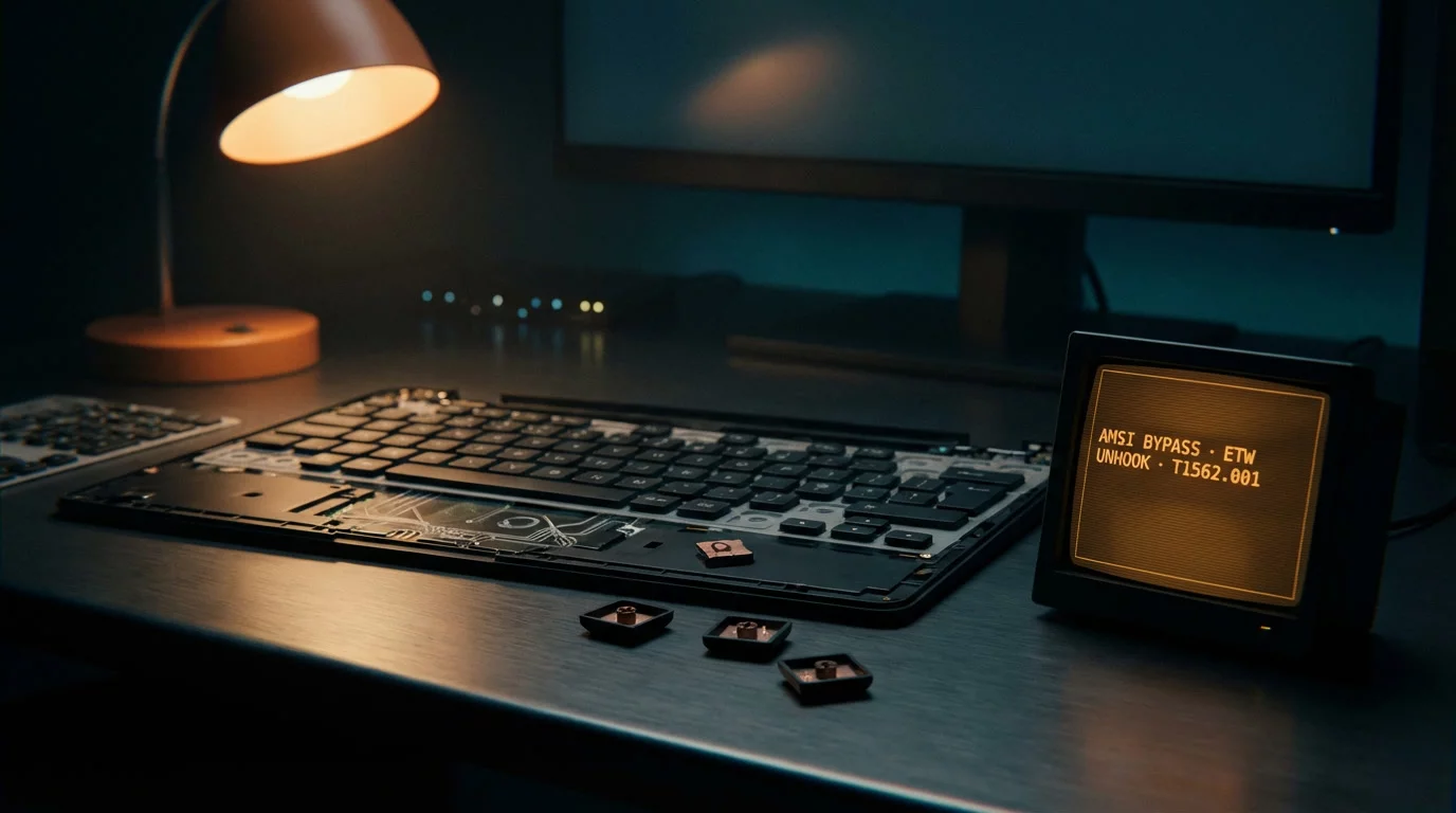 Обход AMSI и EDR в Windows — экран отладчика x64dbg с дизассемблированным кодом ntdll и hardware breakpoints