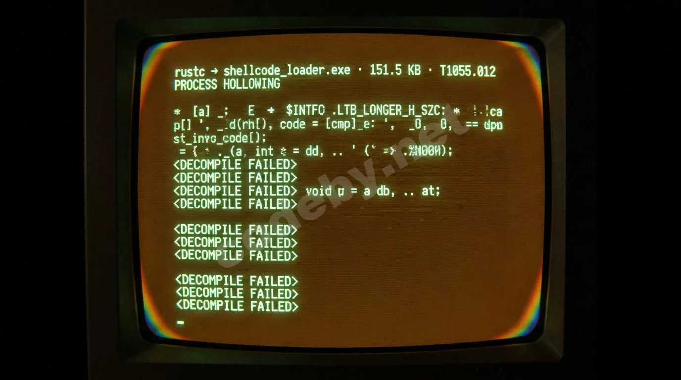 Монитор с зелёным текстом компилятора Rust и фрагментом дизассемблера Ghidra с нечитаемыми символами. Янтарное свечение CRT в кромешной тьме.