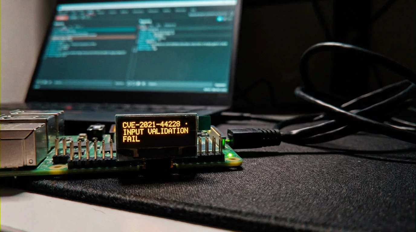 Raspberry Pi с OLED-экраном и янтарным текстом об уязвимости на тёмном антистатическом коврике. На заднем плане ноутбук с Burp Suite в бирюзовом свечении.