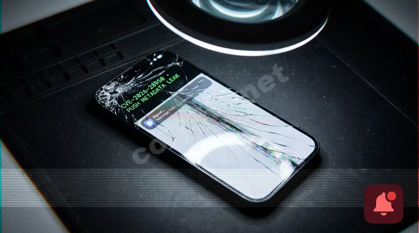 Разбитый экран iPhone светится в темноте, трещины расходятся по дисплею. На сколотом стекле видны фрагменты уведомления мессенджера и код уязвимости.