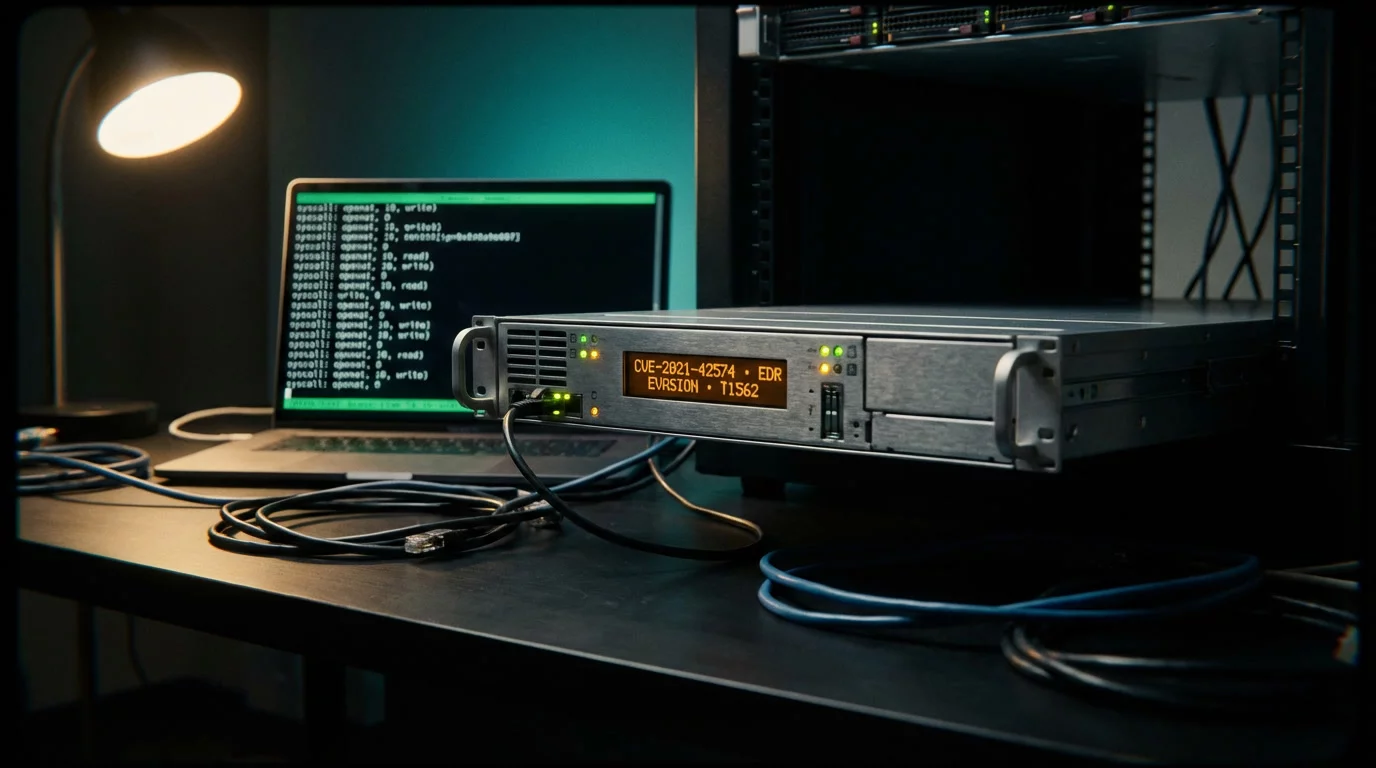 Серверный блейд выдвинут из тёмной стойки, на его панели светится янтарный текст с кодами CVE и EDR. Рядом ноутбук с зелёным терминалом отбрасывает бирюзовый отсвет на спутанные кабели.