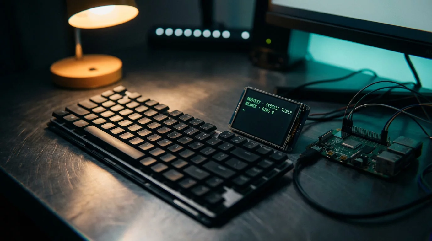 Разобранная клавиатура ноутбука на тёмном металле, снятые клавиши в сетке. Диагностический экран светится зелёным текстом, рядом Raspberry Pi с GPIO-пинами в тени.
