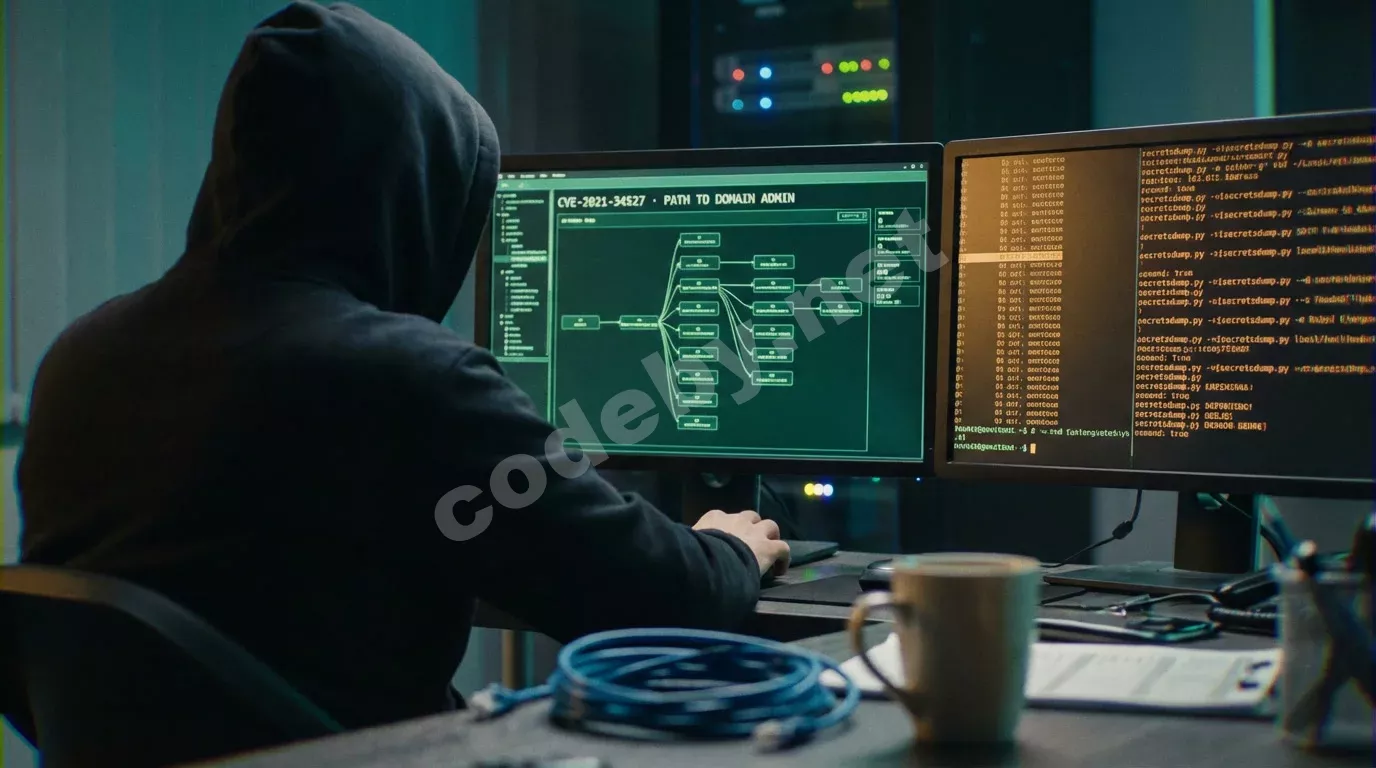 Пентест Active Directory — терминал с графом BloodHound и цепочкой эскалации привилегий до Domain Admin
