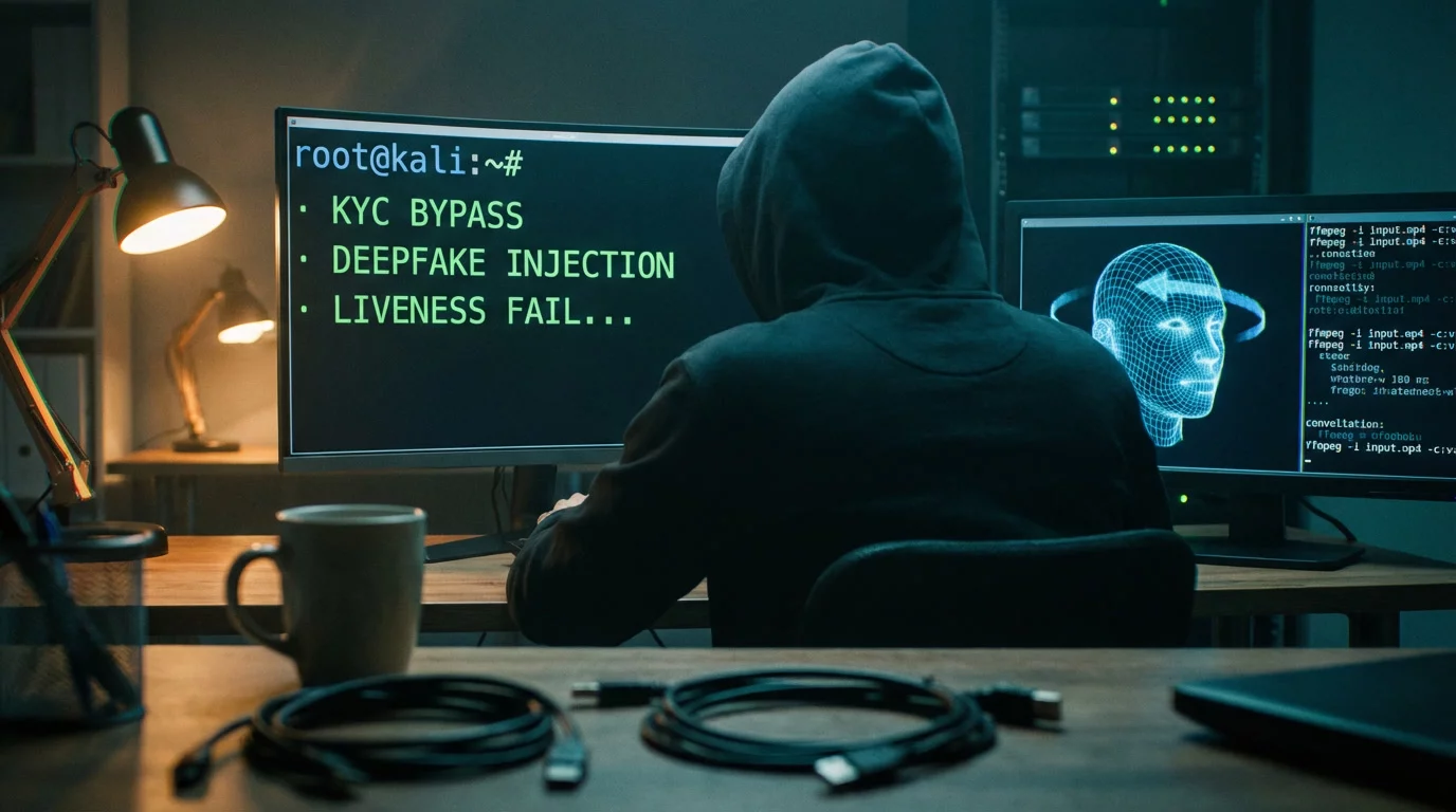 Исследователь безопасности за тёмным столом с двумя мониторами: на основном — зелёный текст терминала, на втором — каркасная сетка лица. Холодное свечение экранов, кинематографичные тени.