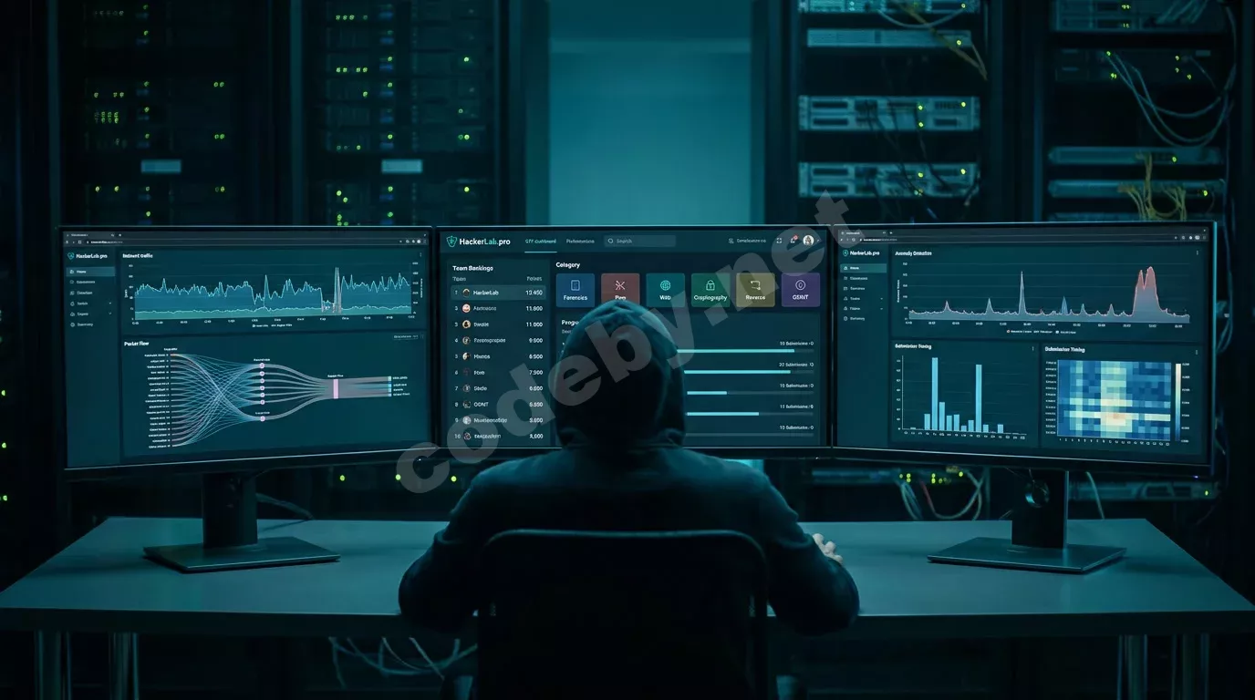 На центральном экране — дашборд CTF-платформы HackerLab.pro с турнирной таблицей и категориями заданий (forensics, pwn, web, crypto, reverse, osint)