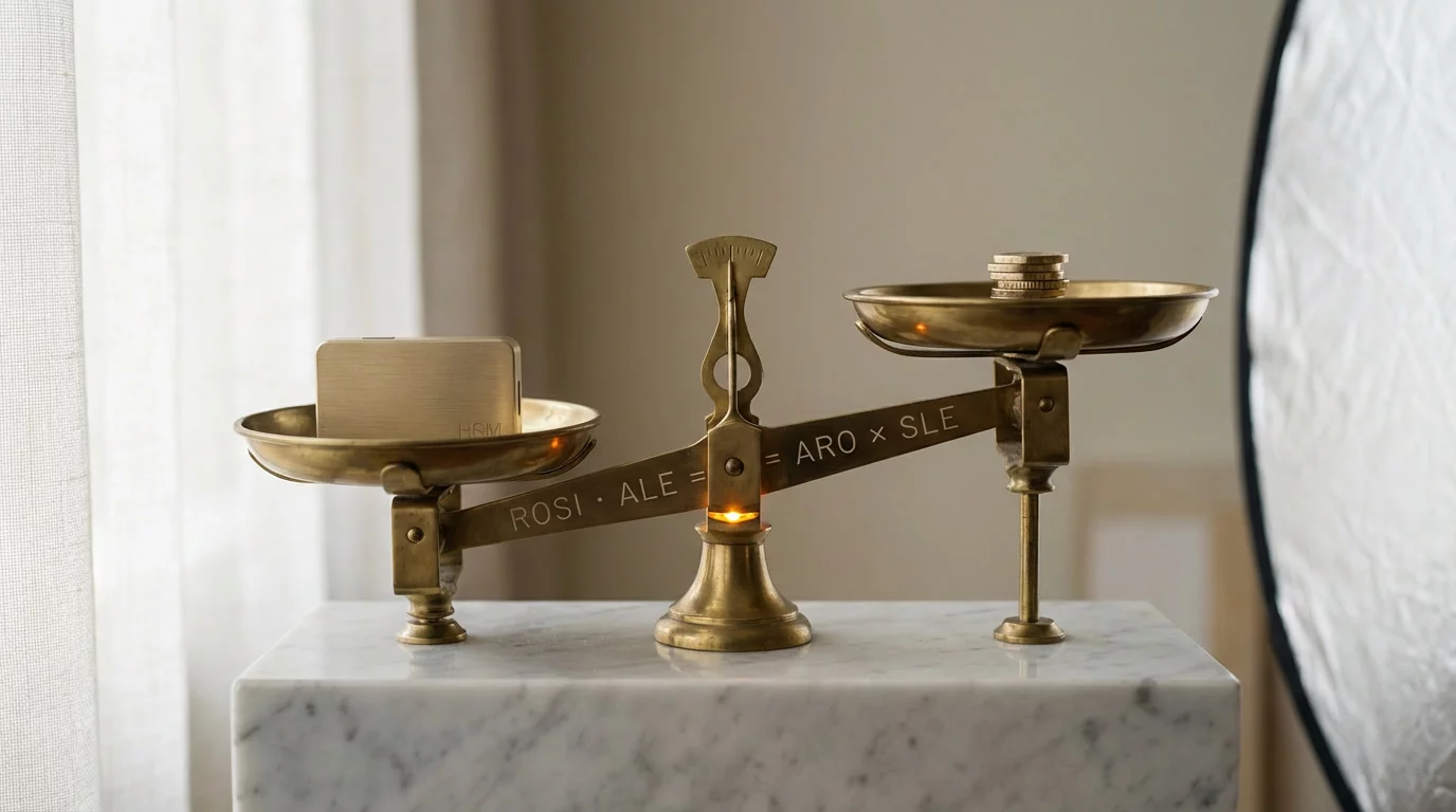 ROI кибербезопасности: латунные весы с формулой ROSI и ALE — баланс между инвестициями в ИБ и финансовыми рисками