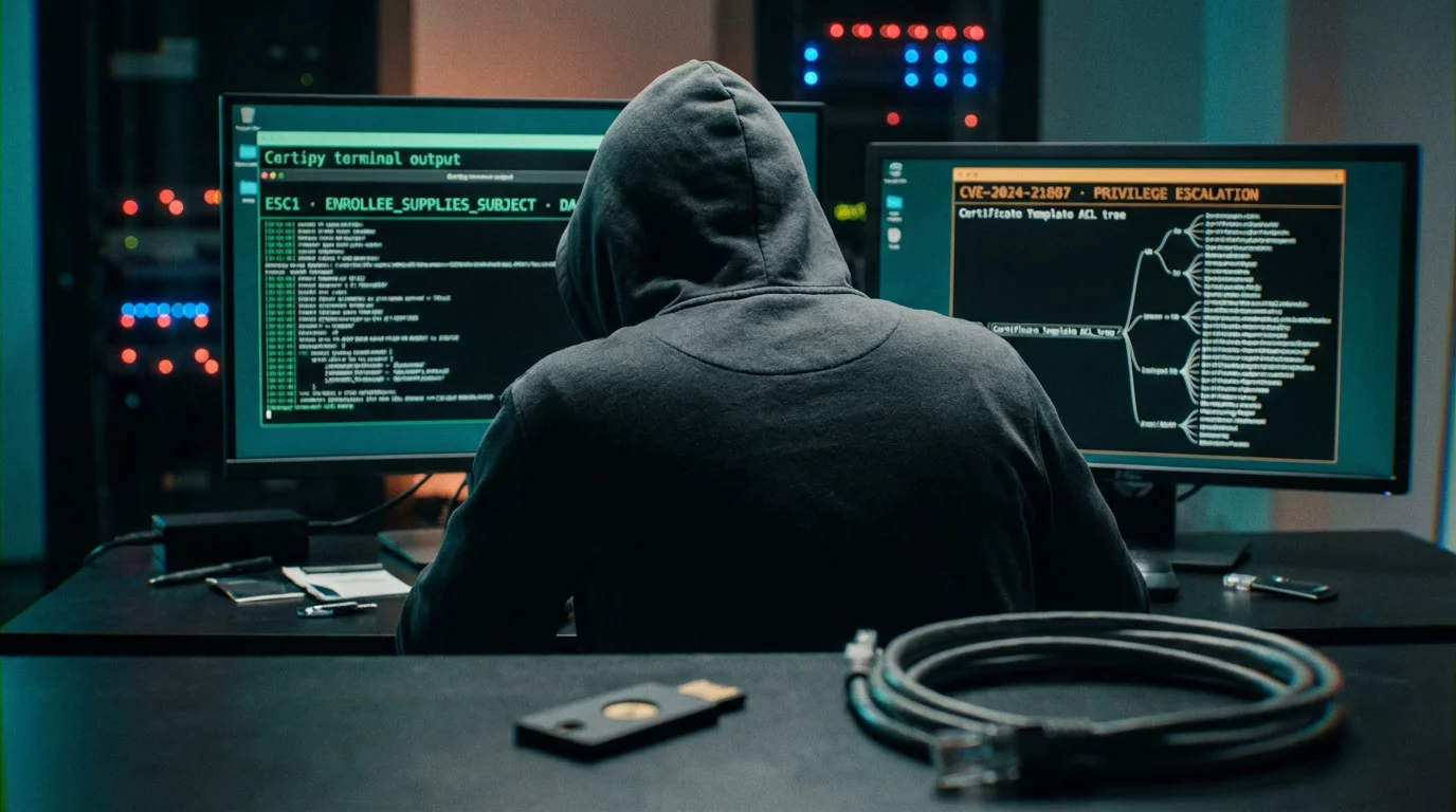 Исследователь безопасности за тёмной рабочей станцией с двумя мониторами. На экранах — терминал Certipy с зелёным текстом и дерево ACL шаблонов сертификатов в янтарном свечении.