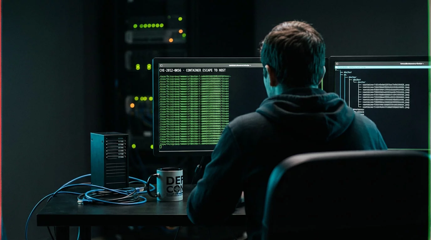 Исследователь безопасности у тёмной рабочей станции с двумя мониторами. Экраны с зелёным терминалом и деревом процессов Docker отбрасывают сине-зелёный свет на стол с серверной моделью и кружкой кофе.