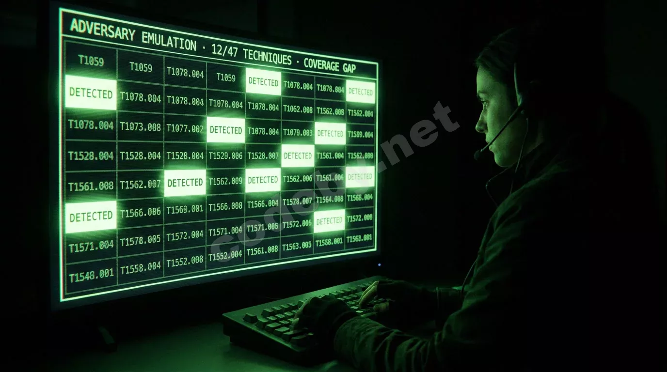 Оператор за тёмной клавиатурой в свете зелёного терминала. На экране — тепловая карта ATT&CK Navigator с ячейками техник и пометками об обнаружении.