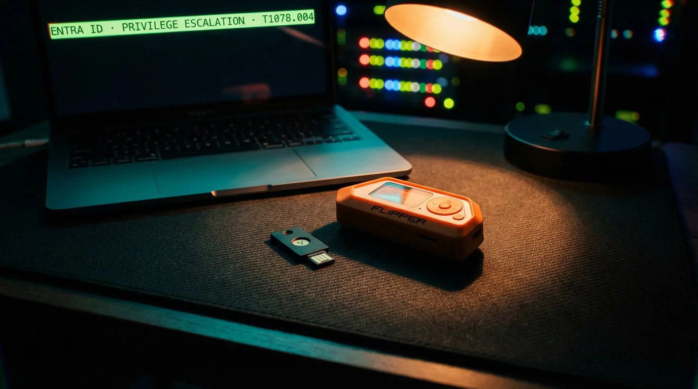 Юбикей и Flipper Zero на тёмном антистатическом коврике, за ними светится экран ноутбука с зелёным терминалом. Янтарный свет лампы выхватывает устройства из глубокой тени.