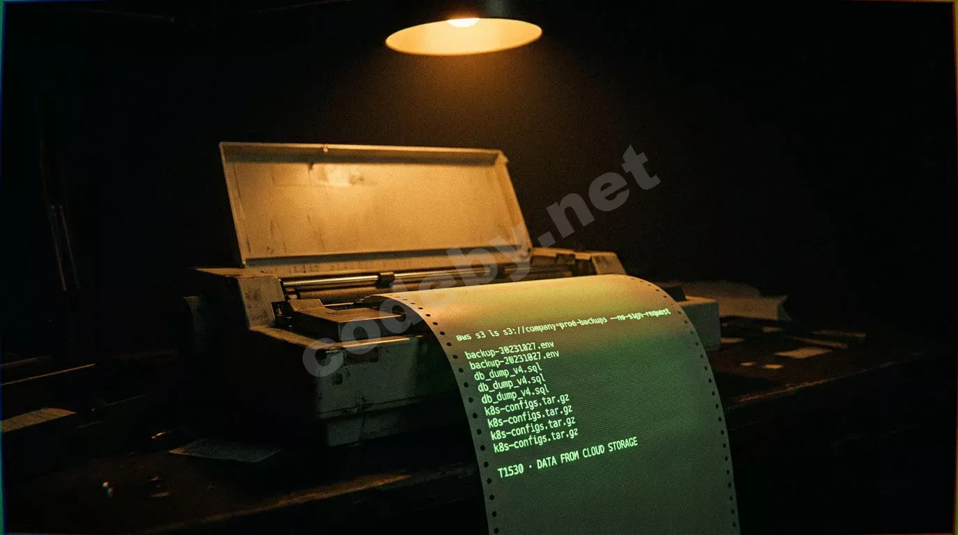 Матричный принтер на чёрном столе печатает команду AWS S3 и список файлов на зелёной бумаге. Янтарный свет выхватывает листы из темноты, фосфорное свечение символов подчёркивает атмосферу утечки да...