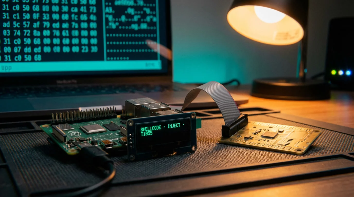 Raspberry Pi с открытыми контактами на тёмном антистатическом коврике, OLED-экран светится зелёным текстом с шестнадцатеричными байтами. Рядом ноутбук с дампом памяти в бирюзовом свечении.