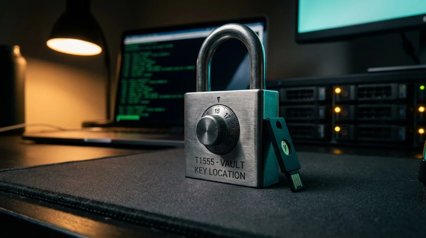 Кодовый замок на тёмном антистатическом коврике рядом с ключом YubiKey. Боке ноутбука с зелёным терминалом и янтарными огнями стойки на фоне.