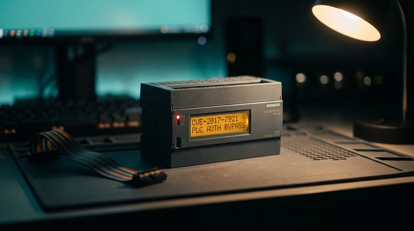 Промышленный контроллер ПЛК на тёмном антистатическом коврике с красным светодиодом тревоги. Янтарный дисплей отображает код уязвимости, перебитый шлейф уходит в тень.