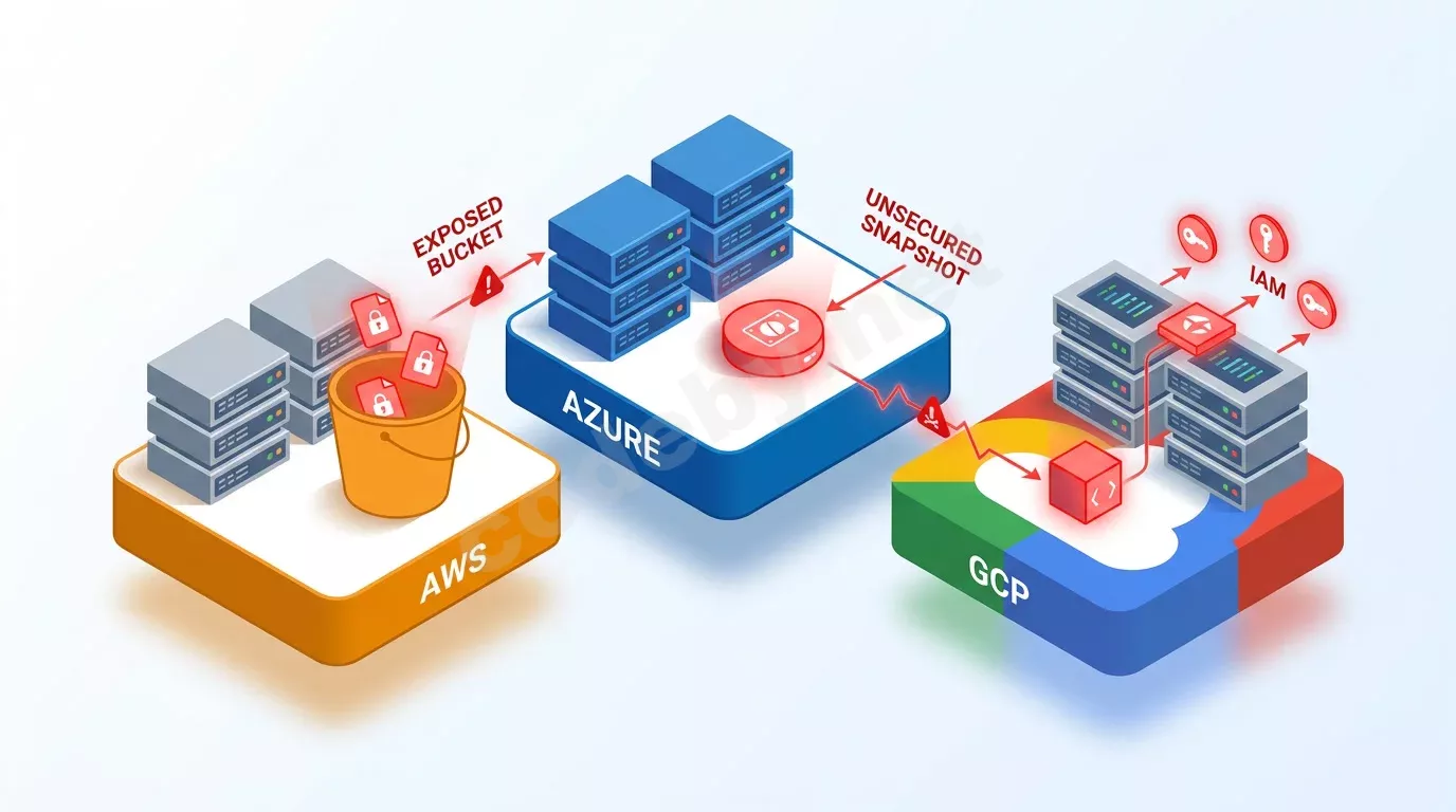 Изометрическая карта облачных угроз: три платформы AWS, Azure и GCP в ряд — у AWS открытый S3-бакет с утекающими файлами, у Azure незащищённый снапшот, у GCP endpoint метаданных и разлетающиеся IAM-ключи, соединённые красными стрелками цепочки атаки.
