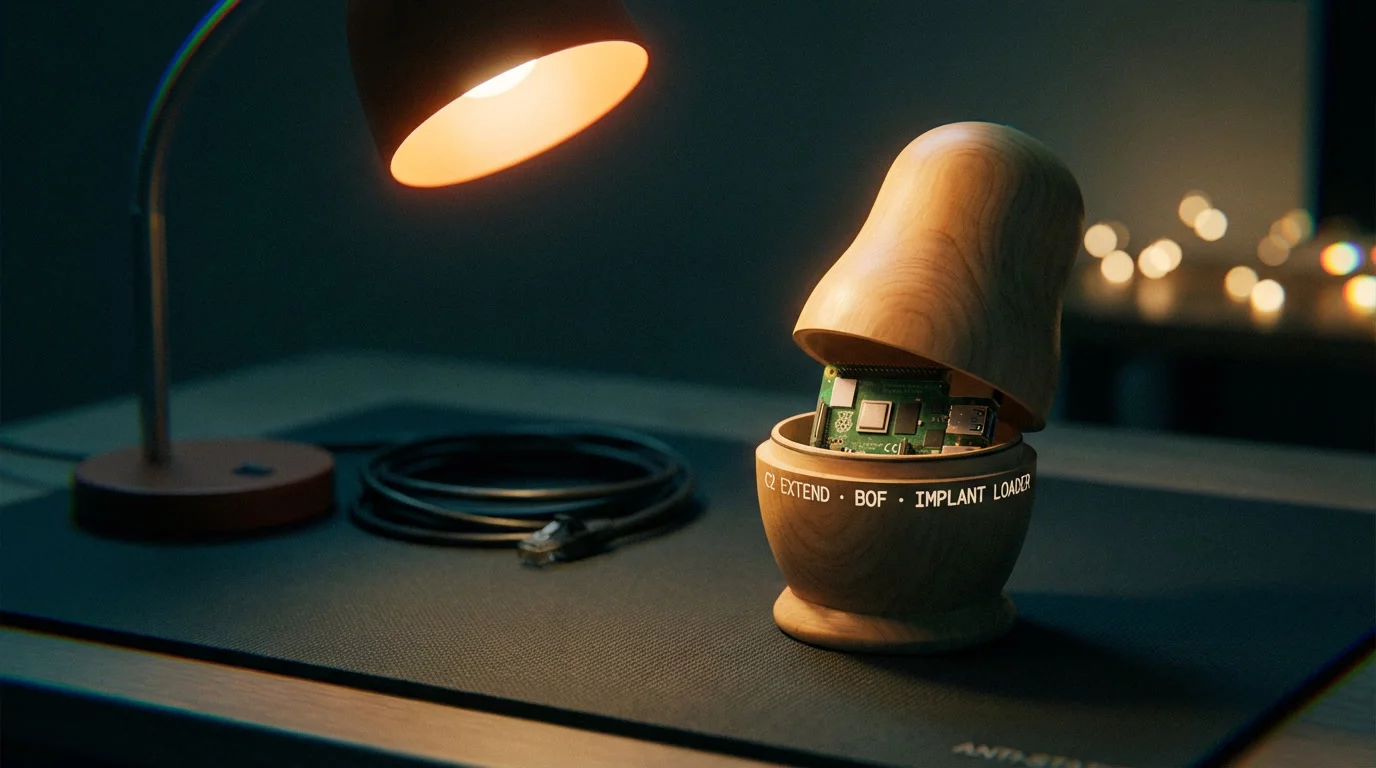 Матрёшка с поднятой крышкой, внутри которой спрятан миниатюрный одноплатный компьютер. Тёплый янтарный свет лампы, глубокие тёмно-бирюзовые тени, плёночное зерно.