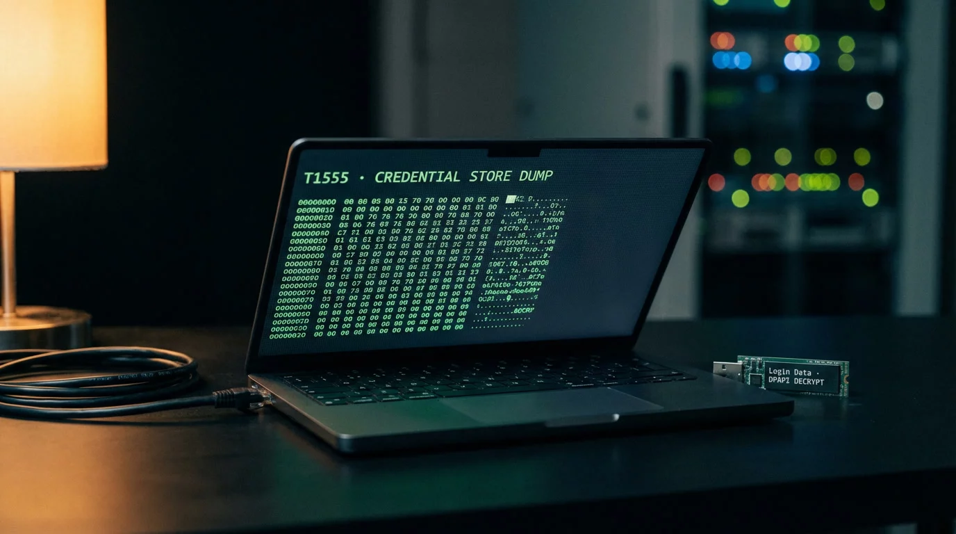 Полуоткрытый ноутбук на чёрном столе светит терминалом с зелёным текстом дампа учётных данных. Рядом лежит USB-накопитель с открытой платой и свёрнутый кабель, уходящий в тень.