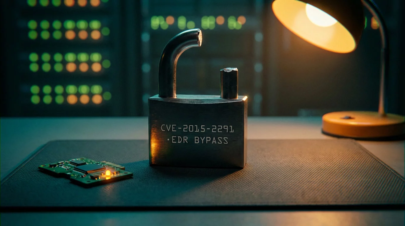 Обход EDR Windows — мониторы с кодом syscall и интерфейсами CrowdStrike и Defender в тёмной серверной комнате