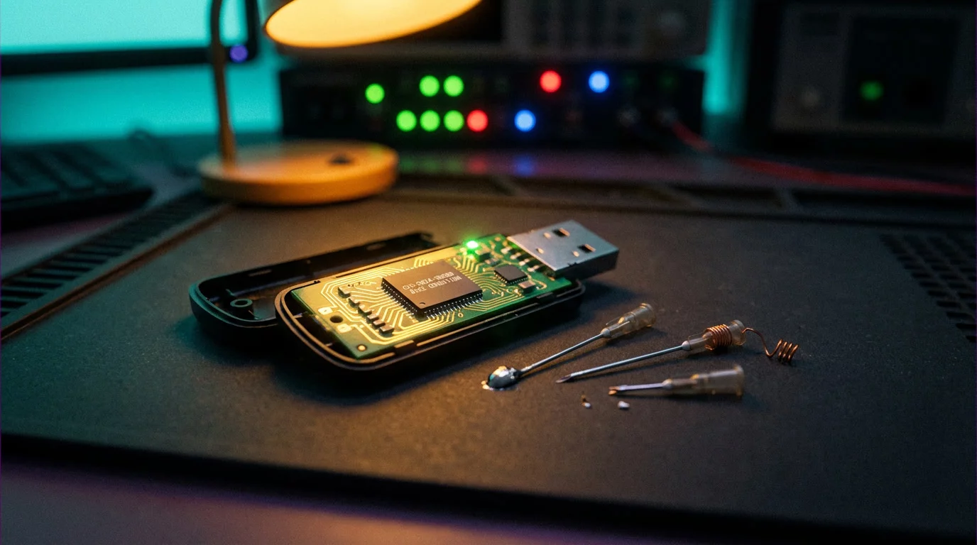 Вскрытый USB-накопитель на антистатическом коврике с видимой платой и тремя миниатюрными иглами рядом. Тёплый янтарный свет лампы контрастирует с холодным бирюзовым отсветом монитора.