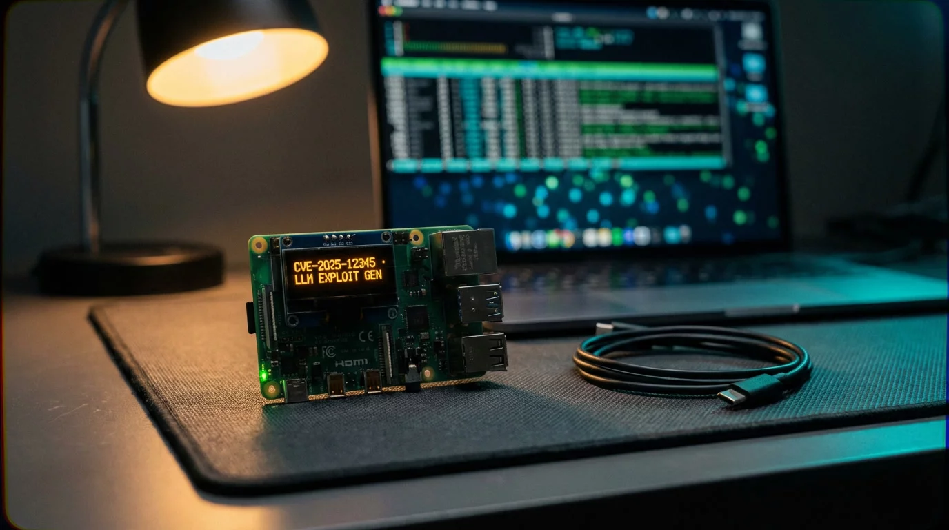 Raspberry Pi с открытыми контактами GPIO лежит на тёмном антистатическом коврике, его OLED-экран светится янтарным текстом. На фоне — ноутбук с терминалом, размытый в боке, в холодном сине-зелёном...