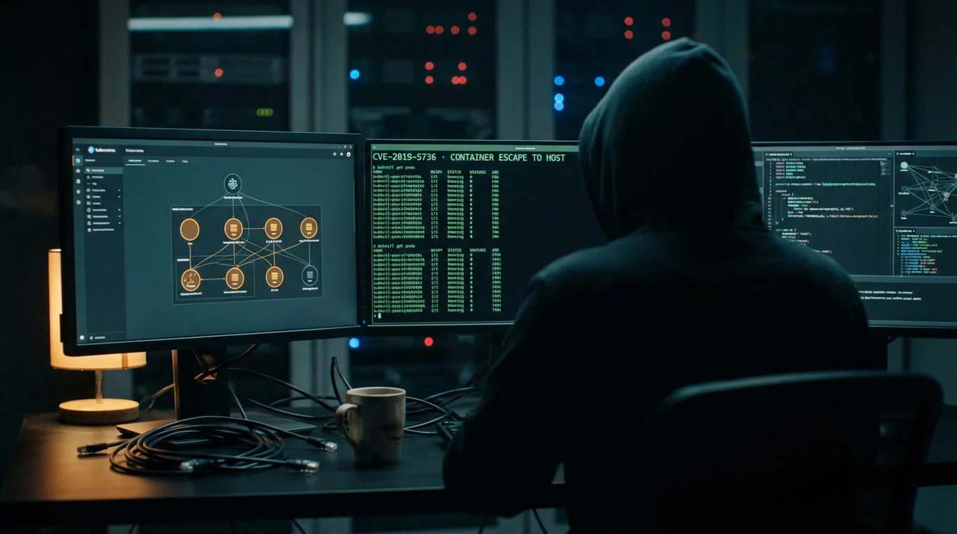 Силуэт исследователя в капюшоне перед тремя мониторами в тёмной комнате. Экраны светятся зелёным терминалом и схемой кластера Kubernetes на фоне глубоких теней.