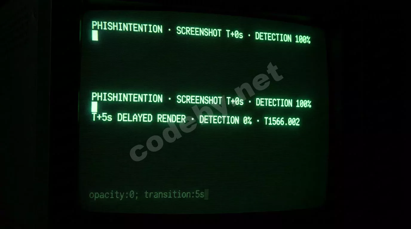 Монитор с зелёным текстом терминала показывает снижение детекции фишинга с 0% до 100%. Сканирующие линии ЭЛТ и свечение фосфора создают атмосферу ночного взлома.