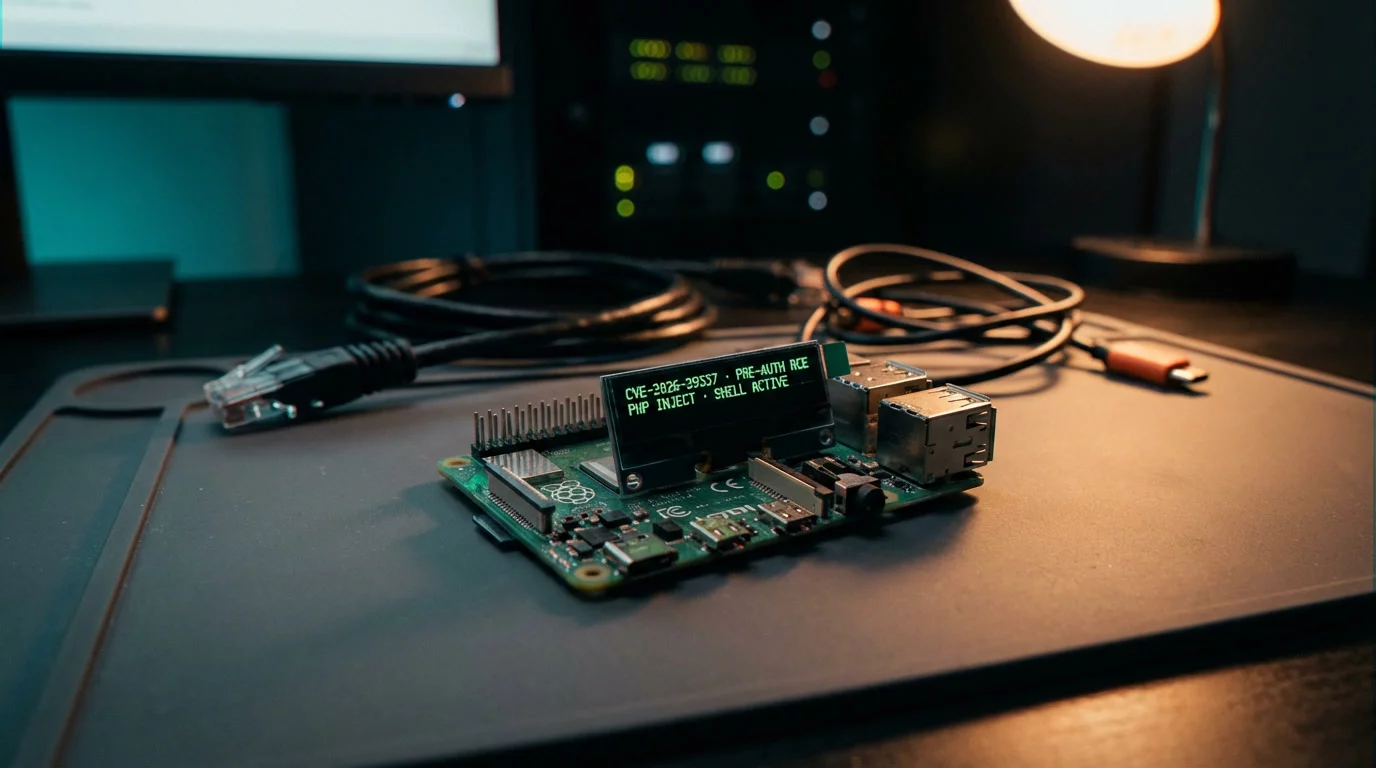 Raspberry Pi с открытыми контактами GPIO лежит на тёмном антистатическом коврике. Крошечный OLED-экран светится зелёным текстом с кодами уязвимостей на фоне янтарного света настольной лампы.