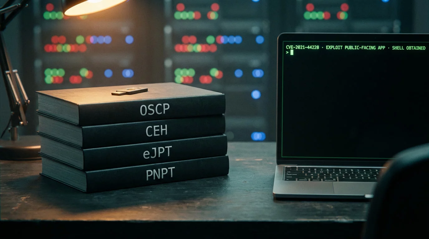 Сертификация по пентесту — рабочий стол пентестера с сертификатами OSCP, CEH, eJPT и терминалом Kali Linux