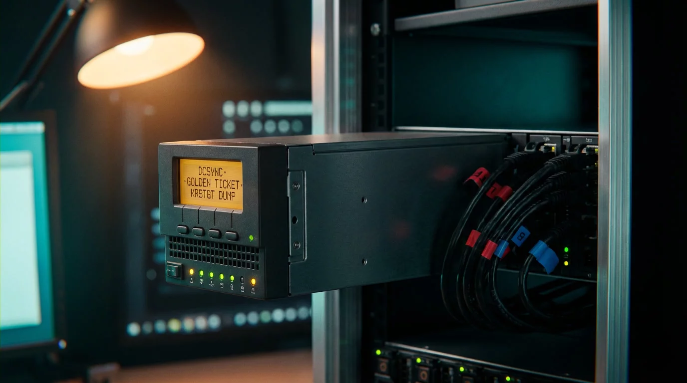 Серверный блейд, наполовину извлечённый из стойки, с янтарным текстом на LCD-дисплее. Тёплый свет лампы и холодное бирюзовое свечение монитора подчёркивают атмосферу ночной работы.